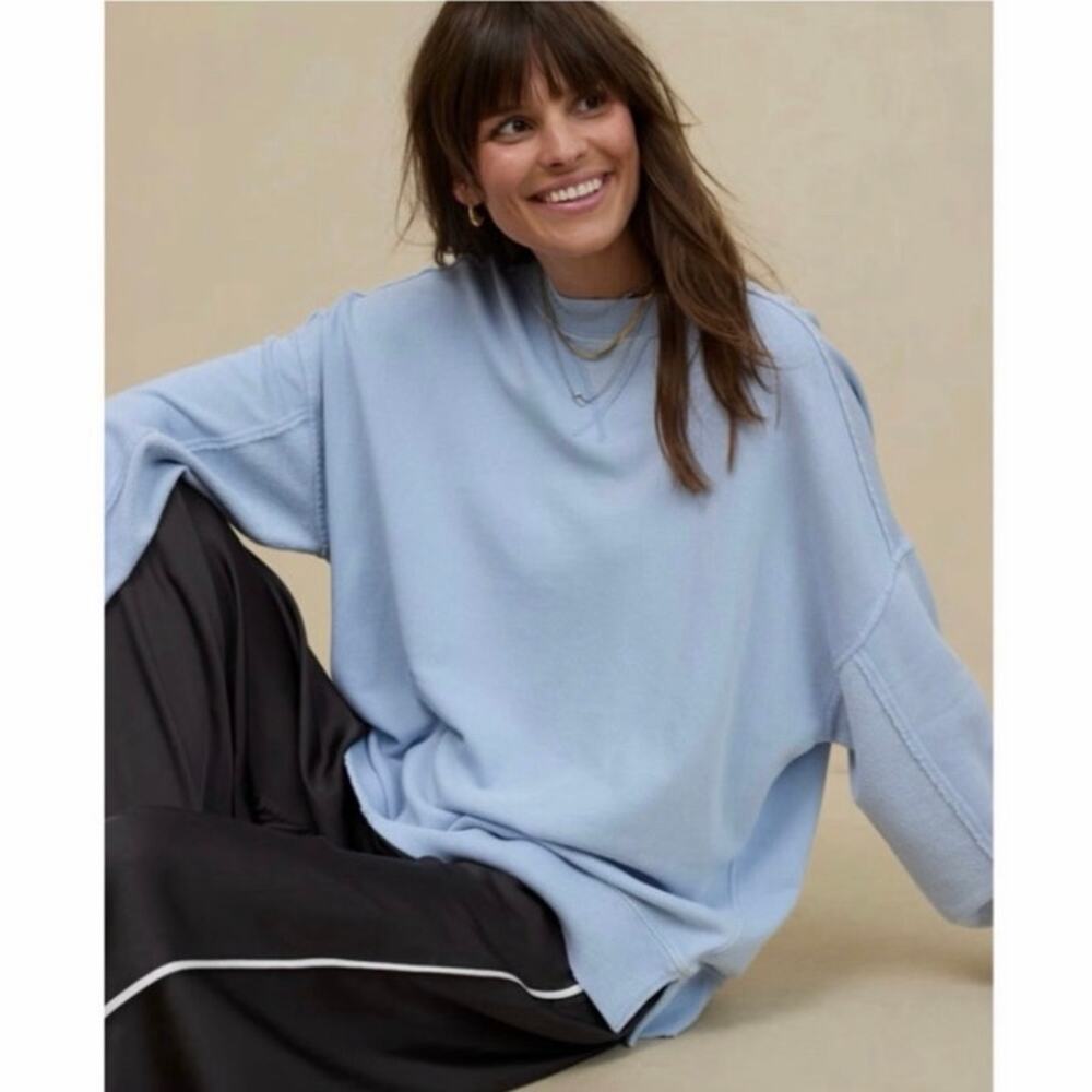 Aerie Distressed Lightweight Crewneck Sweatshirt Blue Oversized Women’s XS